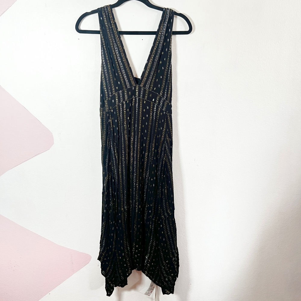 Anthropologie Midi Dress Sz 12 Metallic Gold Striped V-Neck Handkerchief Hem